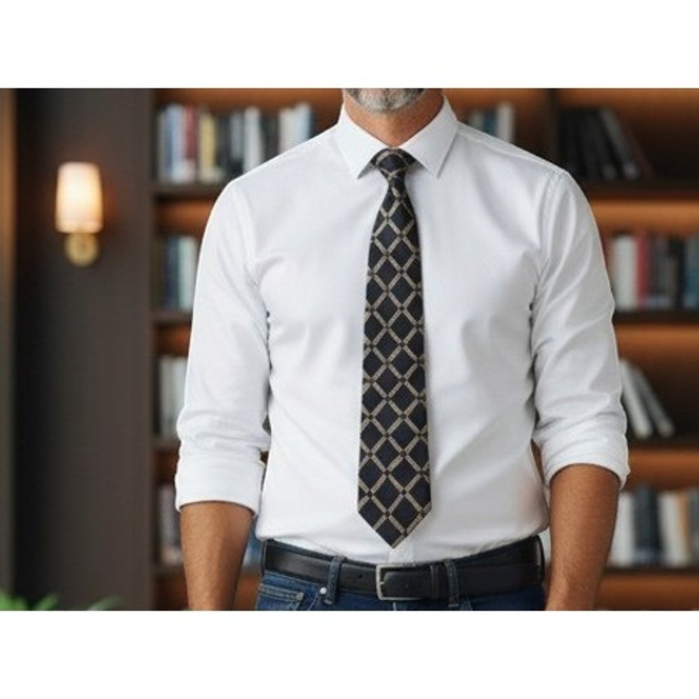 Geoffrey Beene Mens Silk Necktie Black Tan Blue Lattice Geometric Italian Fabric